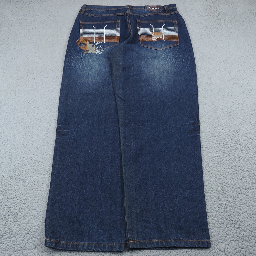 VTG Makaveli Jeans Mens 38x32 Baggy Wide Leg Embroidered 90s Rap Skater Blue
